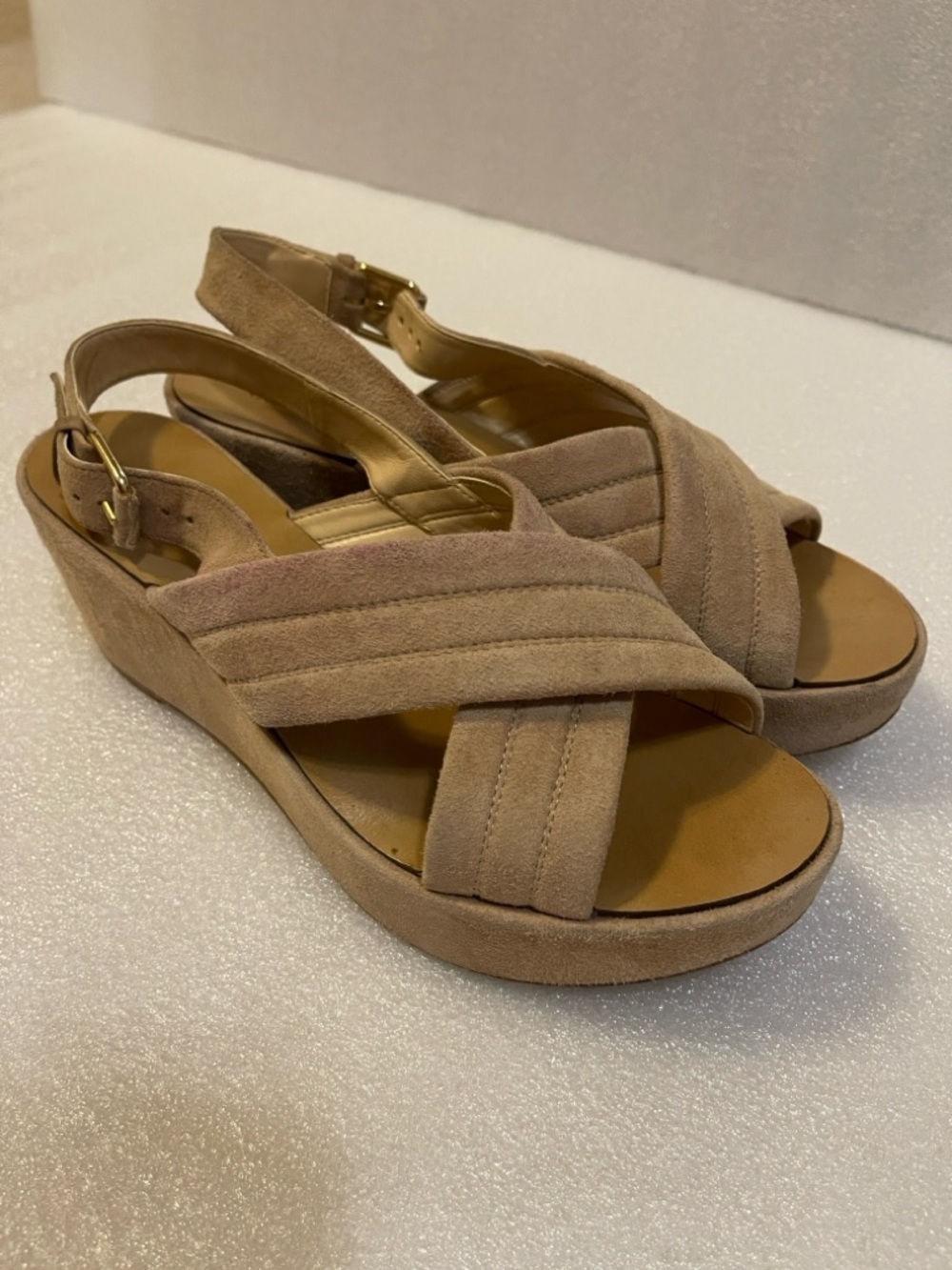 J. Crew Beige Suede Crisscross Wedge Sandals